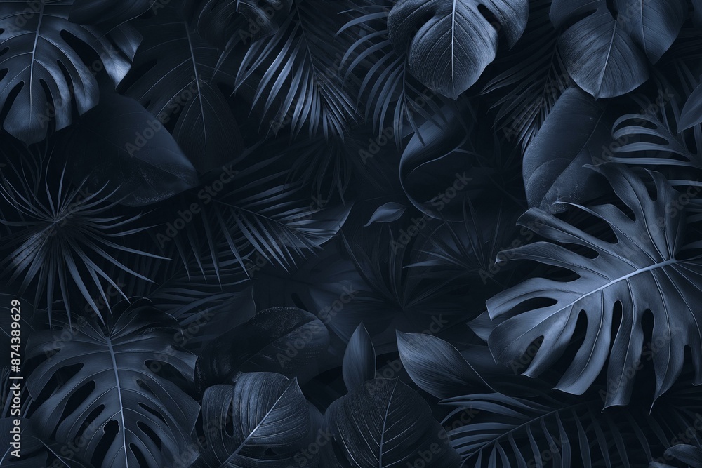 A dark green jungle background with various tropical leaves.