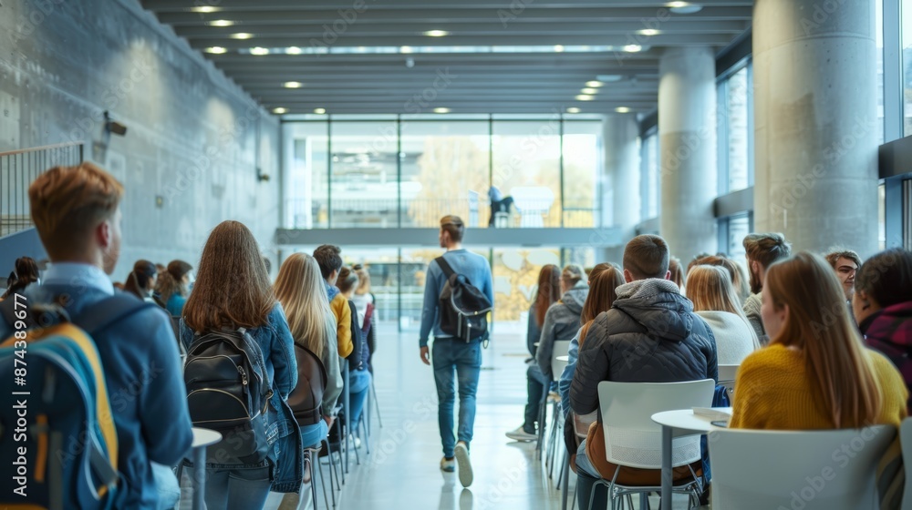 Fototapeta premium Group of students following teachers into a modern lecture hall