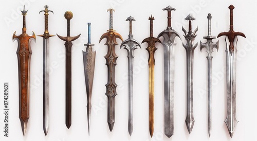 An array of iconic medieval longswords with intricate designs and unique shapes displayed against a white background. photo