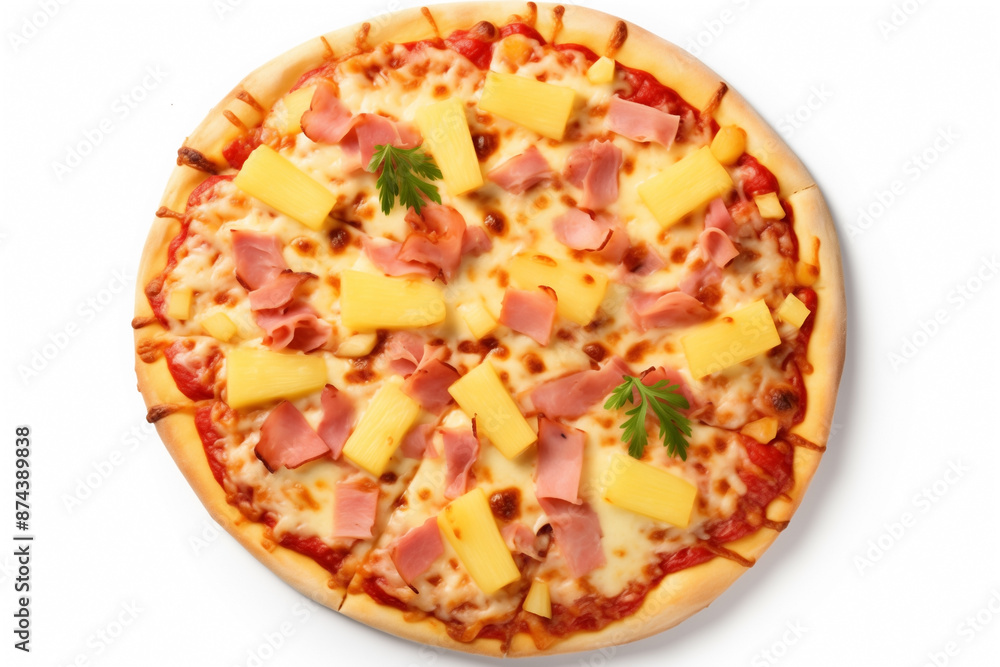 Pizza hawaii with ham and pineapple isolated on white Pizza hawaii with ham and pineapple isolated on white