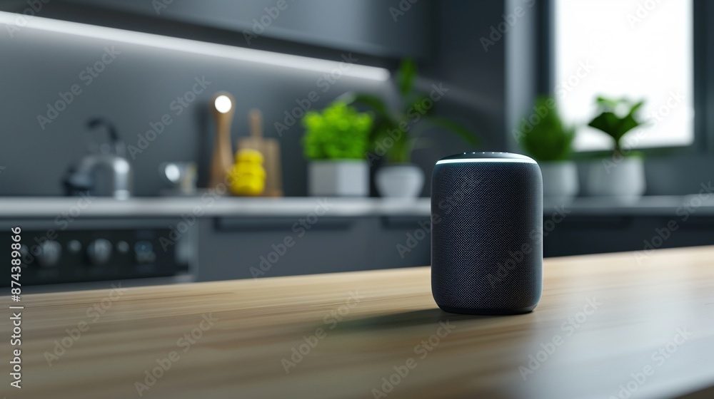 Closeup of a smart speaker on a kitchen counter, Realistic, Natural tones, Detailed speaker and counter Closeup of a smart speaker on a kitchen counter, Realistic, Natural tones, Detailed speaker and counter