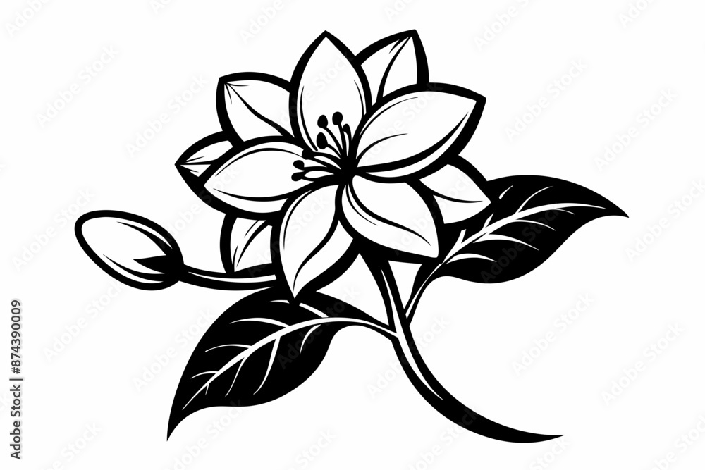 Fototapeta premium Line Art Jasmine Flower Black Silhouette,jasmine flower, black silhouette, line art, flower silhouette, jasmine vector, floral design, black and white, minimalist flower, botanical art.