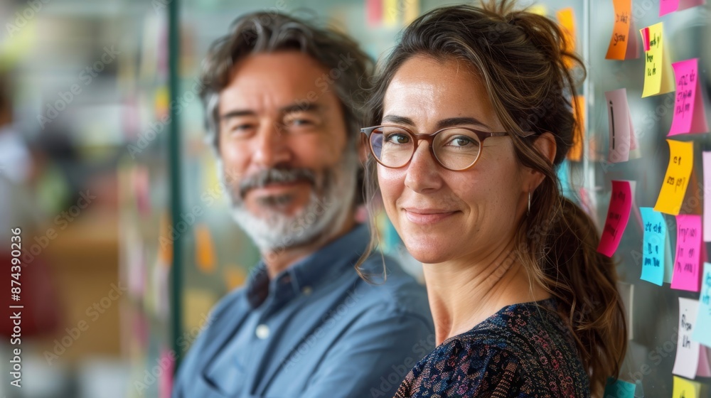 Colleagues Standing Behind Colorful Sticky Notes in Office Generative AI Colleagues Standing Behind Colorful Sticky Notes in Office Generative AI