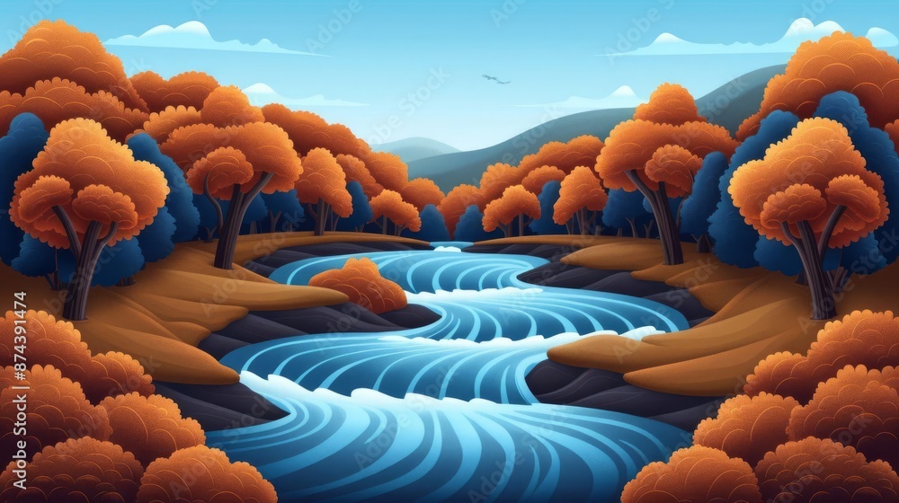 Fototapeta premium Tranquil Autumn River Scene with Vibrant Foliage Detailed Illustration