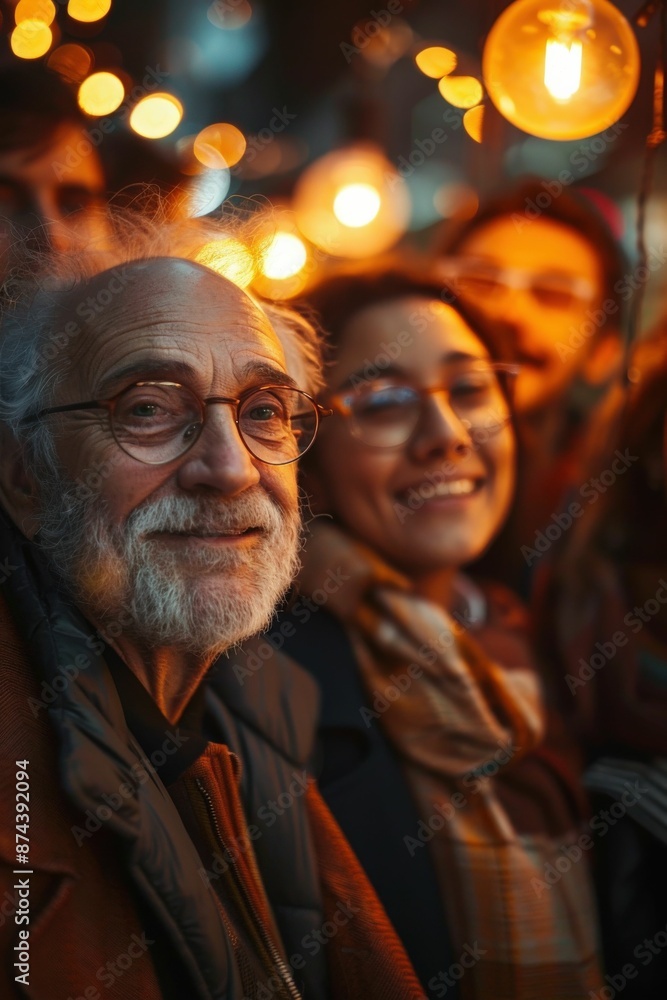 Obraz premium Elderly Man and Young Woman Smiling at Night Market with Warm Lights in Background