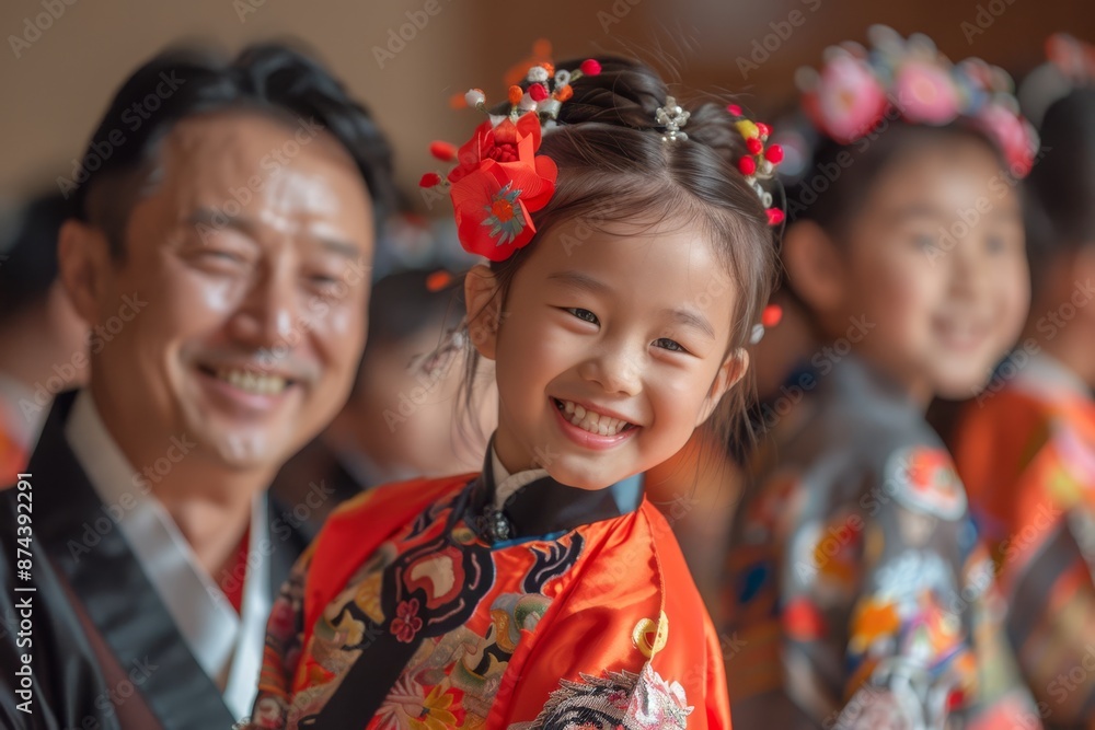 A proud Asian father beams as he watches his daughter, dressed in a traditional silk gown, perform a delicate dance for the family