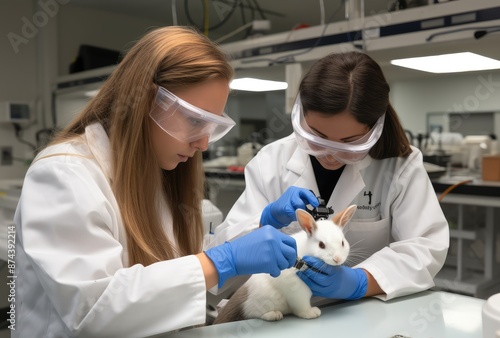 Female scientist examining rabbit in petri dish in laboratory. Focus on rabbit