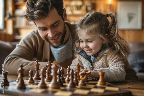 A father teaches his young daughter how to play chess in a cozy living room setting