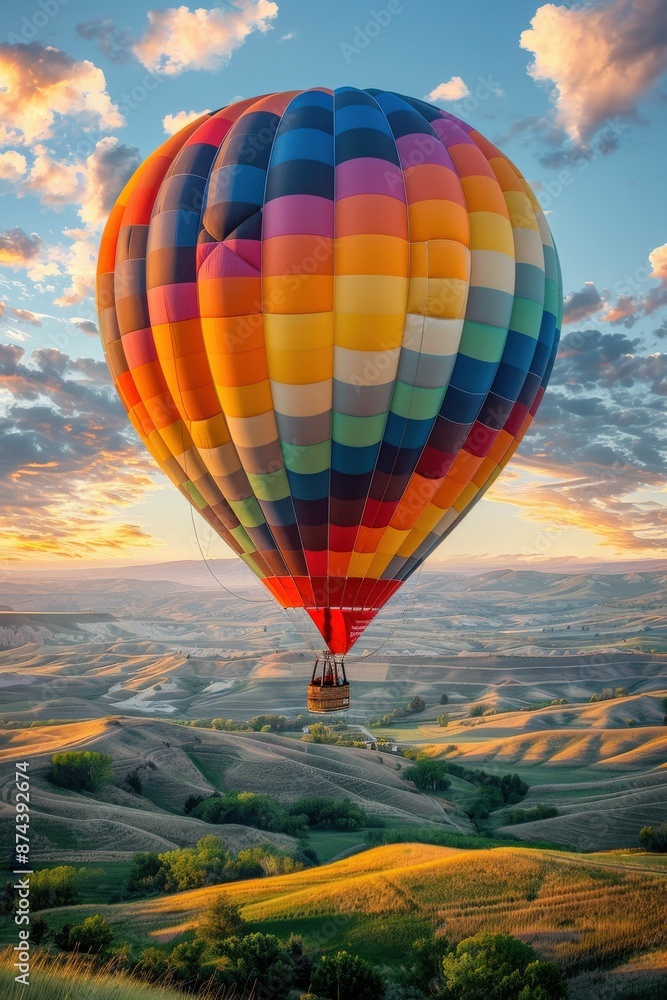 Obraz premium Colorful Hot Air Balloon Soaring Over Rolling Hills at Sunrise with Dramatic Sky and Clouds