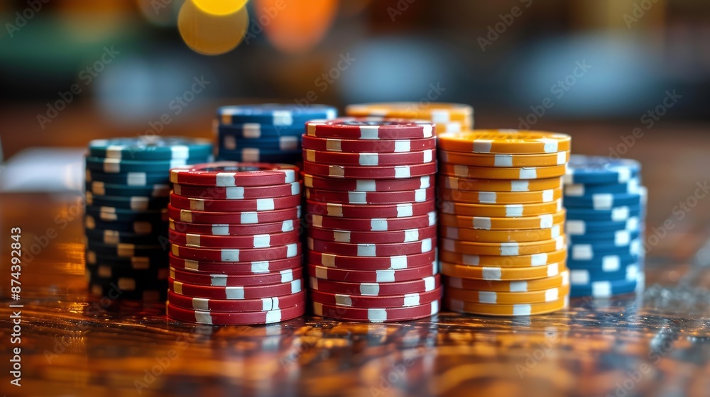 Stacks of Red and Blue Casino Chips on Wooden Table Stacks of Red and Blue Casino Chips on Wooden Table