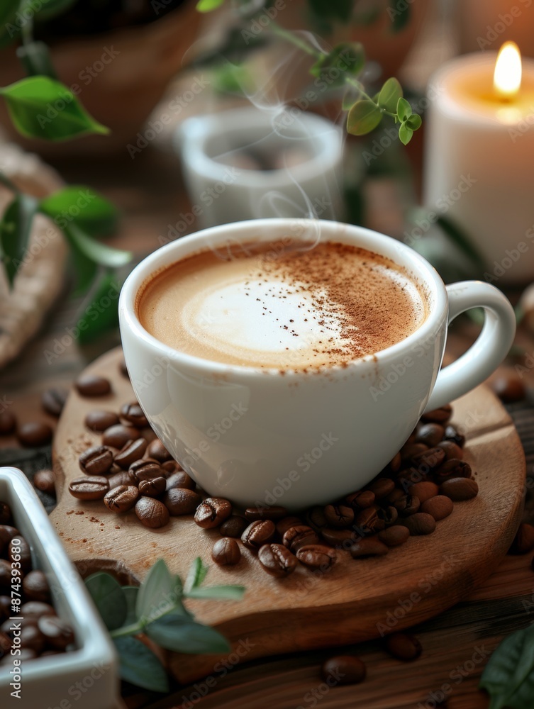 Steaming latte on the table, white coffee cup, surrounded by coffee beans and plant decoration Steaming latte on the table, white coffee cup, surrounded by coffee beans and plant decoration