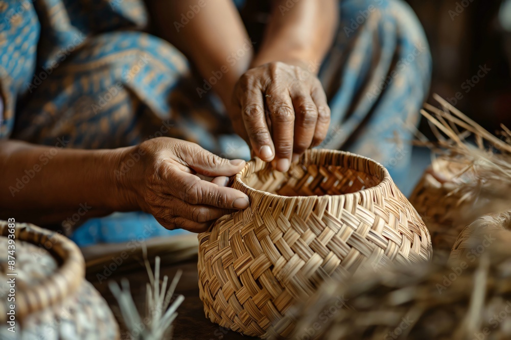 Artisan is carefully weaving dried plant fibers to make a traditional ...