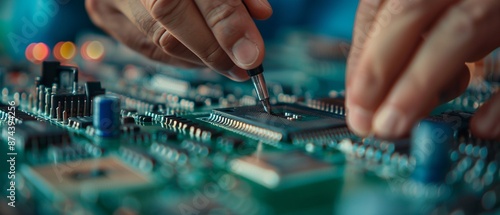 Person repairing a broken electronic device, Realistic, Natural tones, Detailed hands and device photo