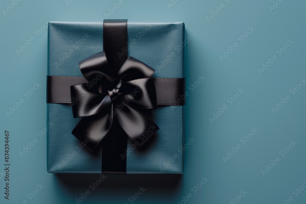 The black gift package is against a light blue background. The black gift package is against a light blue background.