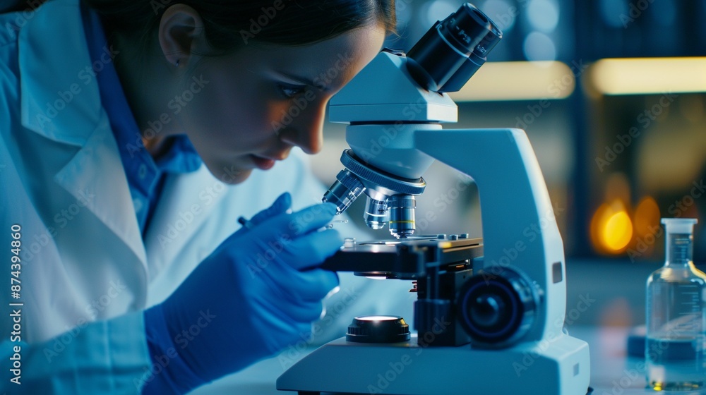Person using a microscope in a scientific skills workshop, Realistic, Natural and blue hues, Detailed microscope and user Person using a microscope in a scientific skills workshop, Realistic, Natural and blue hues, Detailed microscope and user