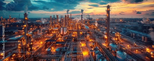 Expansive industrial site viewed from a high angle, evening light creating rich contrasts and shadows, wide-angle shot capturing the details