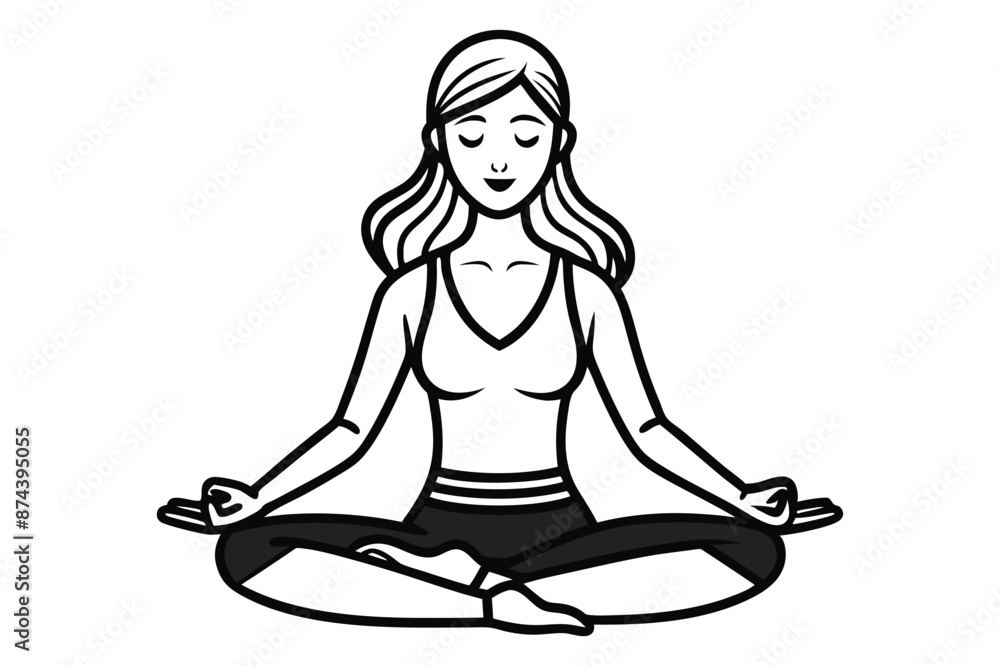 A simple black and white outline drawing of a woman practicing yoga. A simple black and white outline drawing of a woman practicing yoga.