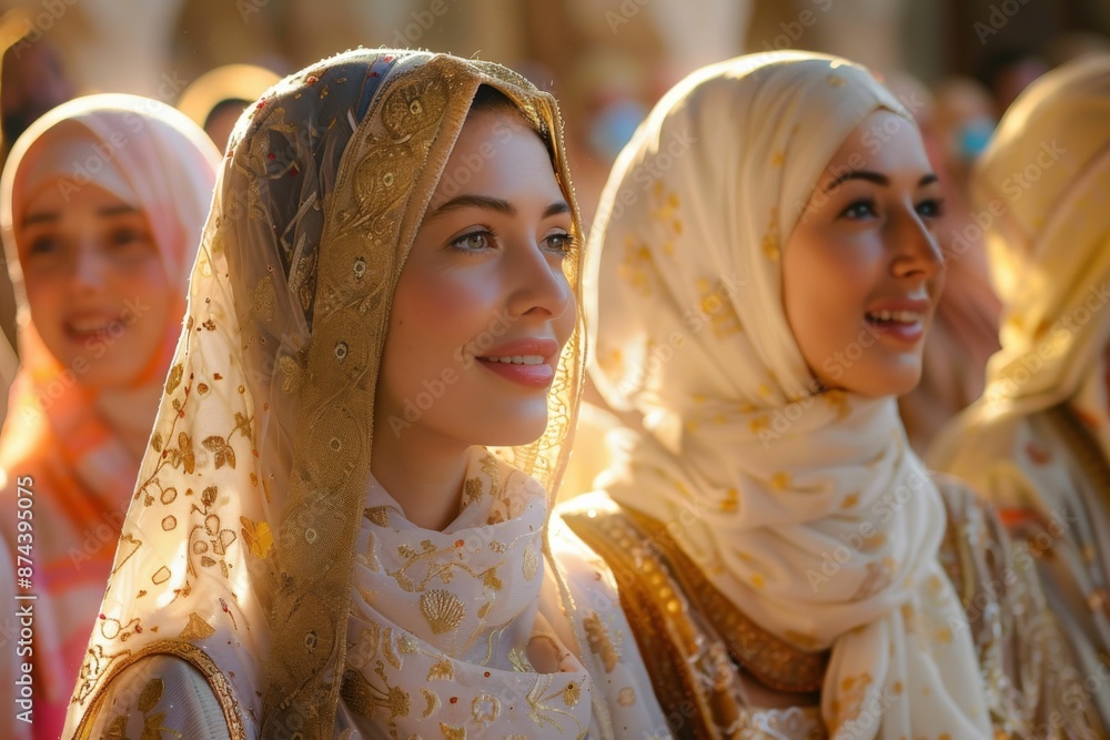 Women in Traditional Hijabs Smiling and Enjoying a Cultural Event in Warm Sunlight Women in Traditional Hijabs Smiling and Enjoying a Cultural Event in Warm Sunlight
