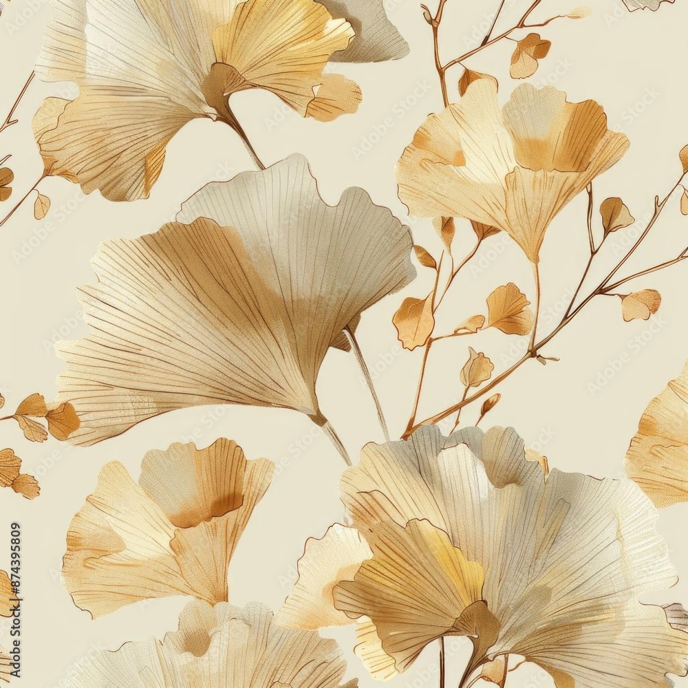Seamless fabric design with delicate ginkgo leaves, soft pastel hues and detailed textures, perfect for elegant textiles Seamless fabric design with delicate ginkgo leaves, soft pastel hues and detailed textures, perfect for elegant textiles