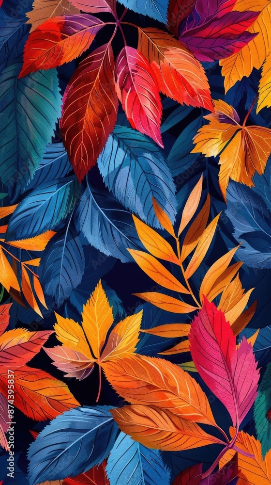 Seamless fabric pattern featuring detailed chestnut leaves, vibrant colors ideal for stylish textiles Seamless fabric pattern featuring detailed chestnut leaves, vibrant colors ideal for stylish textiles