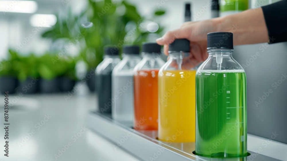 Person using a refill station for household cleaning products, Realistic, Natural tones, Detailed station and bottles Person using a refill station for household cleaning products, Realistic, Natural tones, Detailed station and bottles