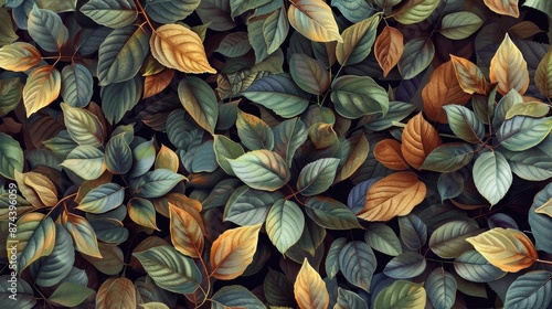 Seamless fabric pattern of laurel leaves, detailed textures and rich colors, ideal for stylish textiles and decor