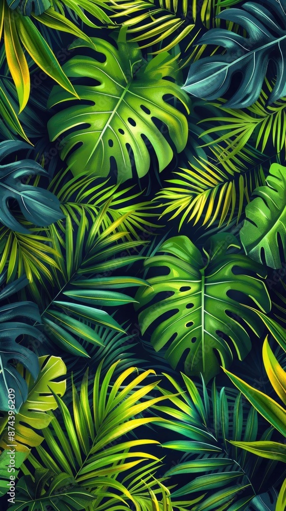 Tropical fern leaves in a seamless design, vibrant colors and intricate details for modern fabrics Tropical fern leaves in a seamless design, vibrant colors and intricate details for modern fabrics