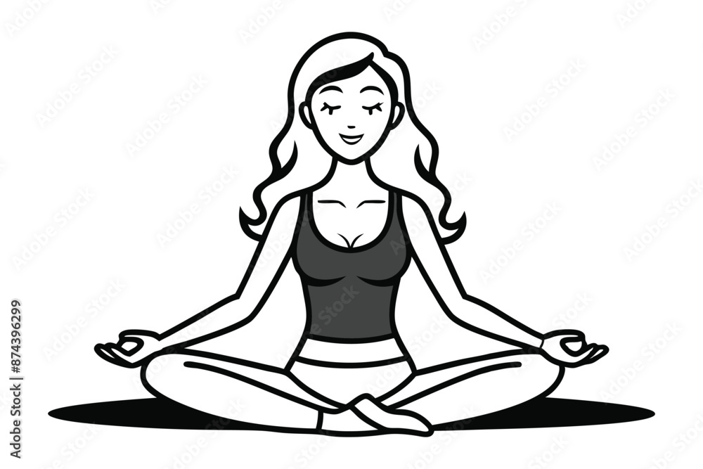 A simple black and white outline drawing of a woman practicing yoga. A simple black and white outline drawing of a woman practicing yoga.