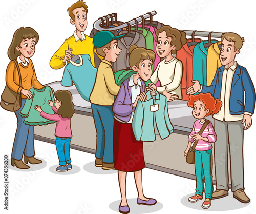 People shopping clothes in store. Diverse man, woman and couple choosing, trying and consulting to each other at fashion boutique. Seasonal sale or discount, black friday, buying goods cartoon vector