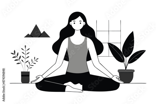  A simple black and white outline drawing of a woman practicing yoga.