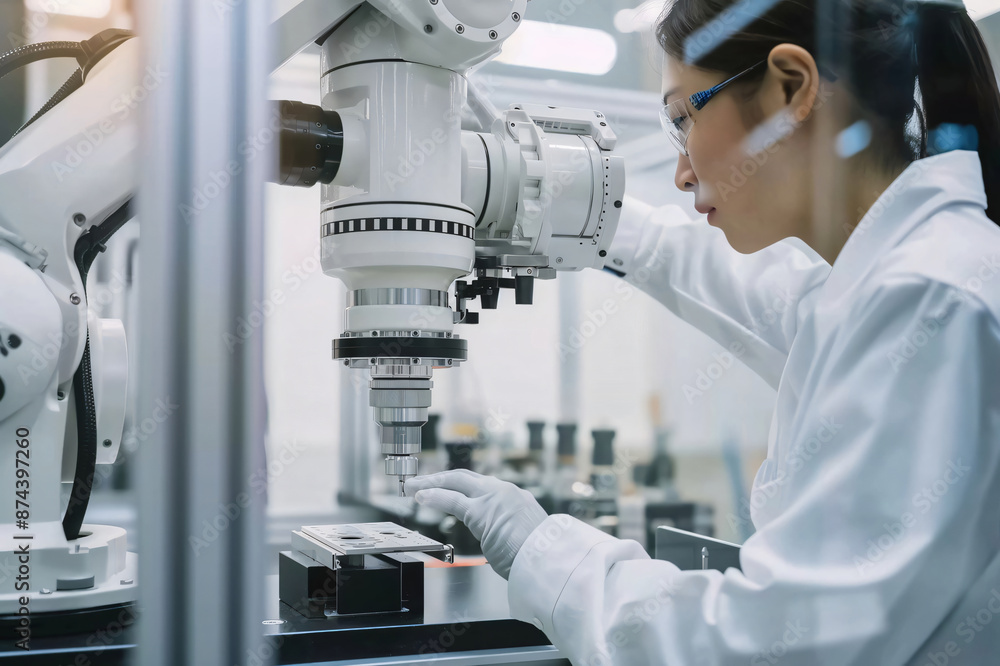 Female engineer is programming an industrial robotic arm in a high tech manufacturing factory, showcasing the advancements in automation and smart manufacturing Female engineer is programming an industrial robotic arm in a high tech manufacturing factory, showcasing the advancements in automation and smart manufacturing