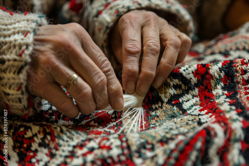 Artisan skillfully weaving intricate patterns on a traditional loom, using their hands to guide the threads