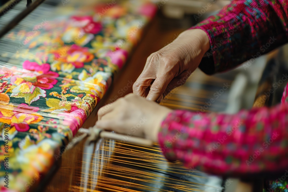 Close up of a textile worker weaving silk threads on a traditional loom, creating a beautiful floral pattern Close up of a textile worker weaving silk threads on a traditional loom, creating a beautiful floral pattern