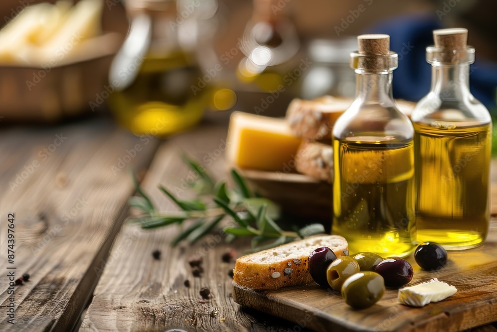 Rustic Italian Still Life with Olive Oil, Bread, Cheese, and Olives on Wooden Table Rustic Italian Still Life with Olive Oil, Bread, Cheese, and Olives on Wooden Table