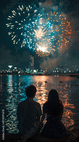 Romantic Japanese couple in yukata enjoying fireworks festival in Tokyo at night, summer love and traditional attire.