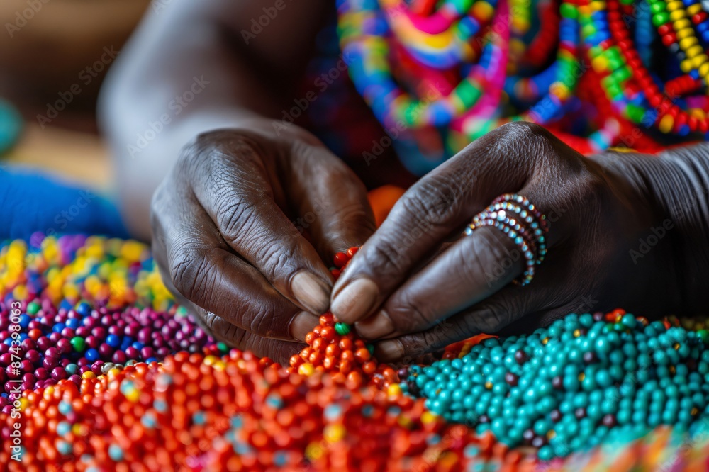 Artisan carefully crafting a beautiful beaded necklace with colorful beads, showcasing the traditional craftsmanship of the maasai people Artisan carefully crafting a beautiful beaded necklace with colorful beads, showcasing the traditional craftsmanship of the maasai people