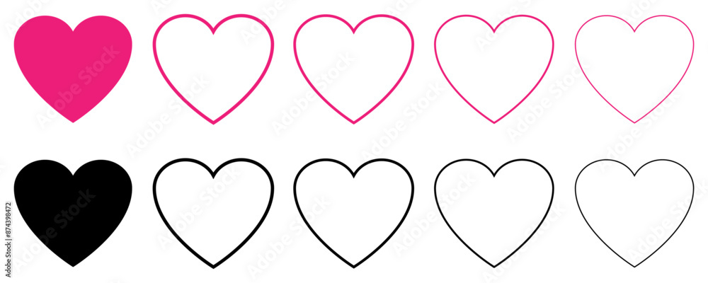 Pink heart icons vector set. Hearts shapes collection. Pink heart icons vector set. Hearts shapes collection.