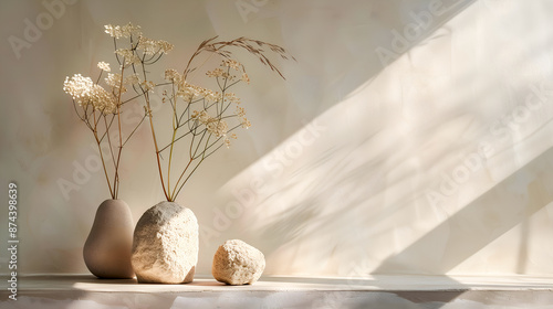 Composition contemporaine, minimaliste, zen, baignée de lumière