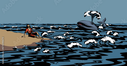 Vector drawing. A man on the shore after a shipwreck