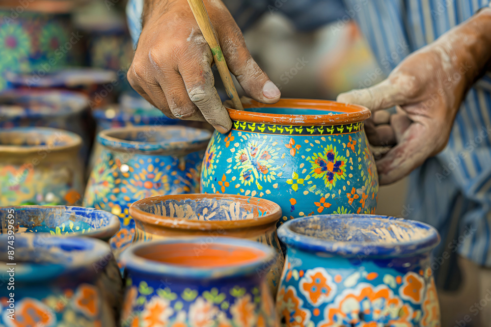 Obraz premium Craftsman is painting colorful floral designs on a traditional ceramic pot, showcasing the artistry and skill involved in pottery making