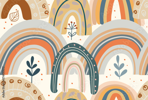 Seamless pattern of rainbow, plant elements, flowers, leaves. Cute elements in Memphis boho style. Hand drawing in Scandinavian style.