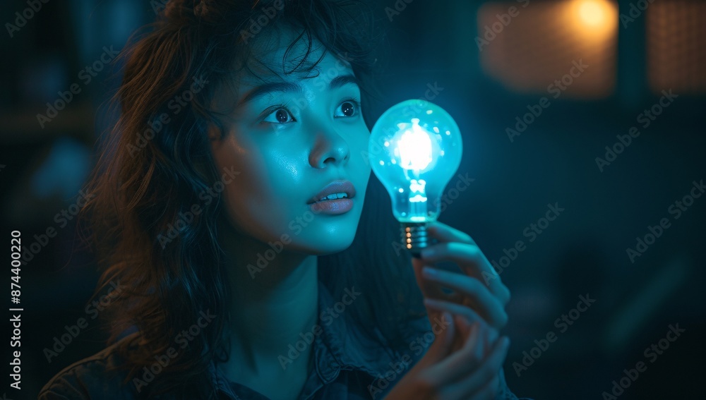 Naklejka premium A contemplative young woman holds a glowing light bulb against a dark backdrop, symbolizing innovation and creativity. Perfect for business and inspiration themes.