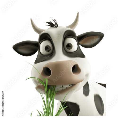 Happy 3D Cartoon Holstein Cow Eating Isolated
