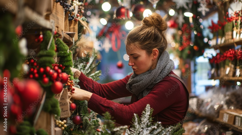Female shopkeeper setting up seasonal displays Female shopkeeper setting up seasonal displays