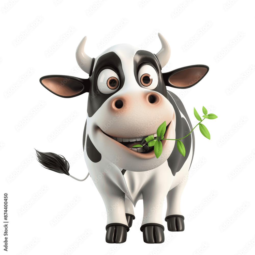 Naklejka premium 3D Cartoon Dairy Cow Grazing Isolated
