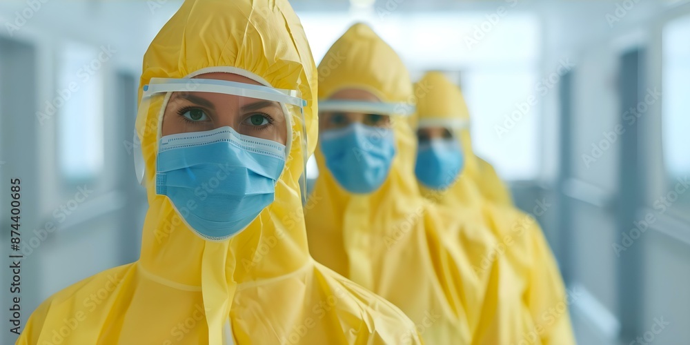 Experts in protective yellow suits disinfecting healthcare surfaces for prevention. Concept Sanitization, Healthcare Surfaces, Disinfectant Experts, Protective Suits, Prevention Measures Experts in protective yellow suits disinfecting healthcare surfaces for prevention. Concept Sanitization, Healthcare Surfaces, Disinfectant Experts, Protective Suits, Prevention Measures