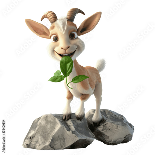 Playful 3D Cartoon Goat Eating Leaf Isolated

 photo