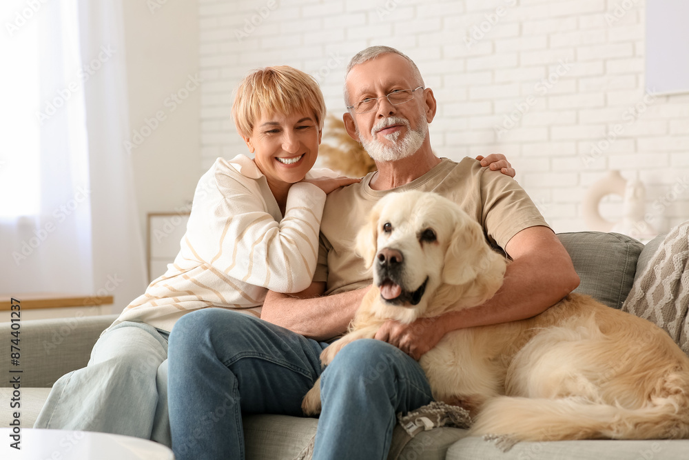 Mature couple with Labrador dog sitting on sofa at home Mature couple with Labrador dog sitting on sofa at home