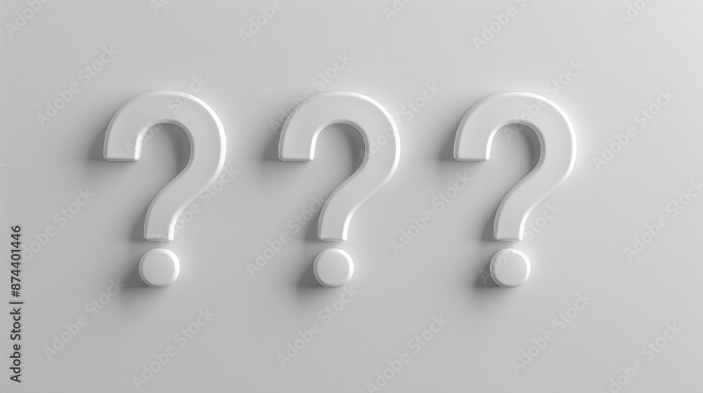 Three white question marks on a white floor, captured from a top view in a flat lay style, evoke curiosity and inquiry. Perfect for concepts related to brainstorming, problem-solving, or FAQs.