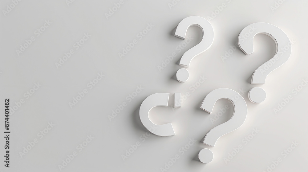 Three white question marks on a white floor, captured from a top view in a flat lay style, evoke curiosity and inquiry. Perfect for concepts related to brainstorming, problem-solving, or FAQs. Three white question marks on a white floor, captured from a top view in a flat lay style, evoke curiosity and inquiry. Perfect for concepts related to brainstorming, problem-solving, or FAQs.